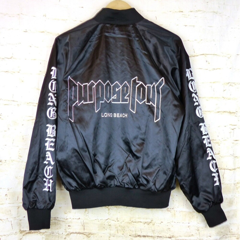 Justin Bieber Purpose World Tour Bomber Jacket Adult M Black Satin Long Beach